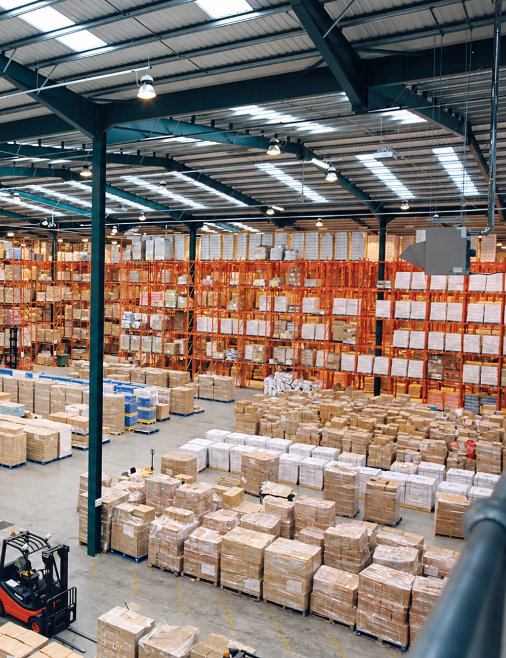 Pallet racks and packed cartons in a warehouse with clear access aisles